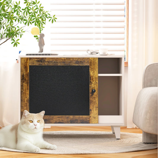 IMKHK Cat Litter Box Enclosure Furniture with Graffiti Board and Eraser, Multi-Functional Wooden Graffiti Cat House with Door, Litter Mat and Storage Shelf, Large Hidden Cat Cabinet Indoor, White