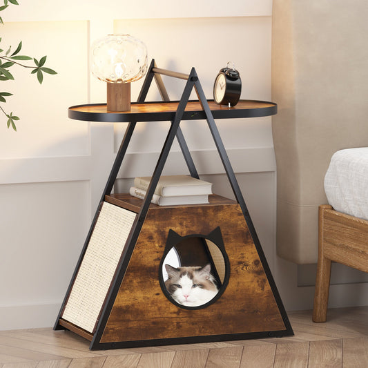 IMKHK Cat Litter Box Enclosure Furniture with Pull Handle and Scratching Board, Wooden Hidden Cat House Side Cabinet, Multi-Functional Indoor Cat Washroom with Storage Shelves, Black Walnut