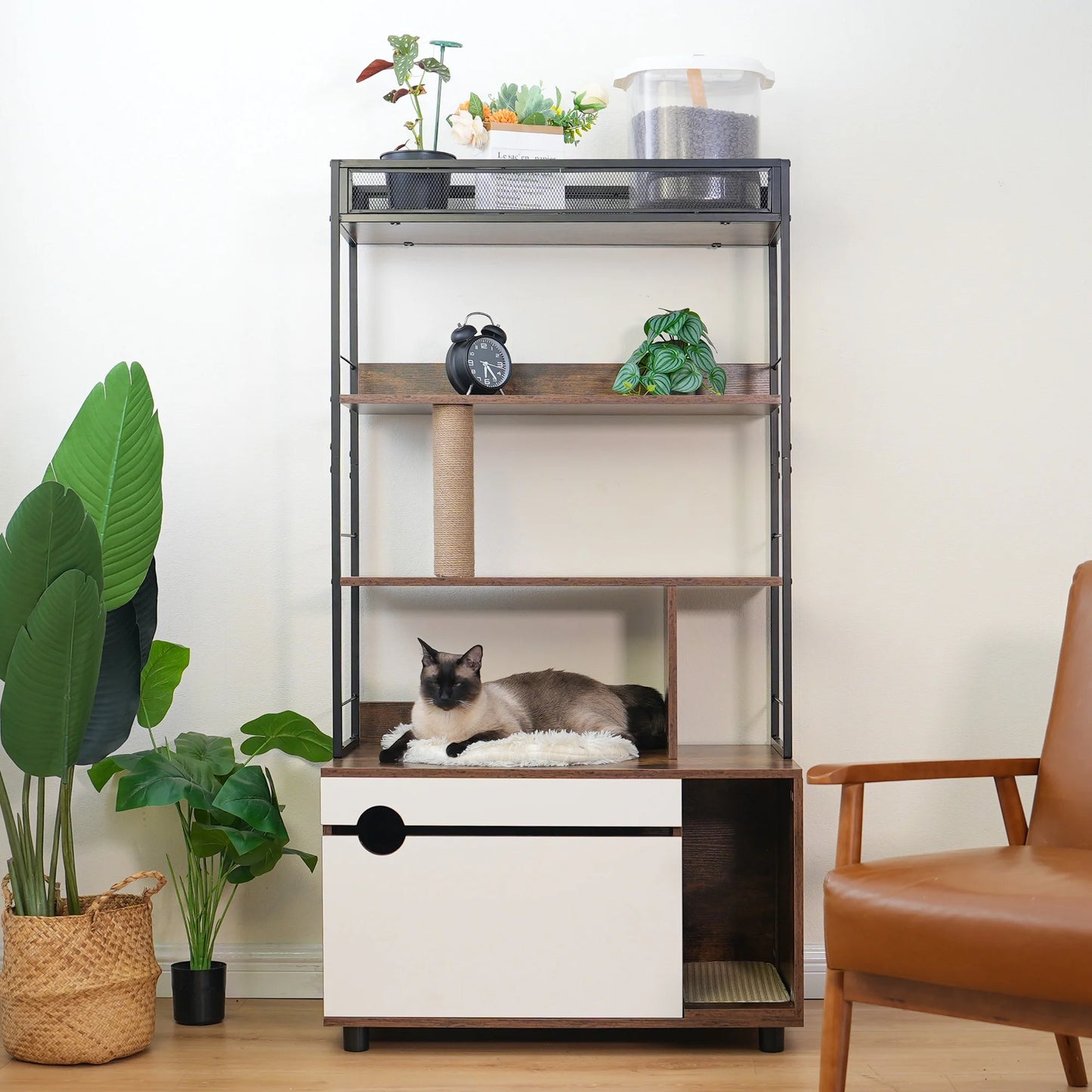IMKHK Cat Litter Box Enclosure Furniture with Storage Shelves and Flip-Down Door, Large Hidden Cat House Furniture with Scratching Posts, Multi-Functional Wooden Cat Cabinet Indoor, Walnut