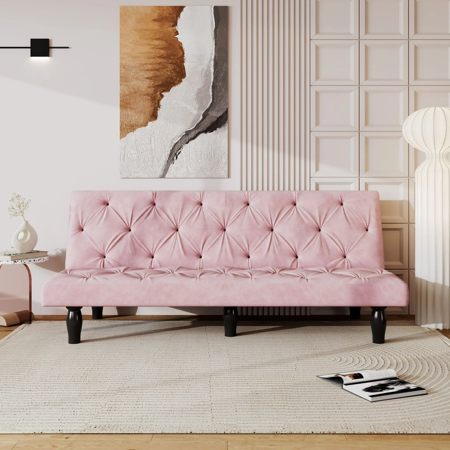 IMKHK Convertible Futon Sofa Bed, Multi-Functional Velvet Fabric Sofa Couch with Adjustable Backrest for Small Space, Modern Upholstered Folding Sleeper Sofa for Living Room Apartment, Pink