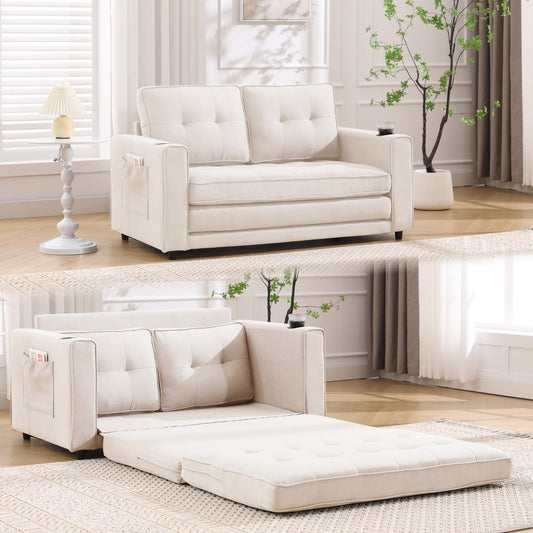 IMKHK Convertible Futon Sofa Bed, Pull Out Loveseat Sleeper Sofa with Side Pockets and Cup Holders, Comfy 3-in-1 Foldable Sofa Couch, Upholstered Floor Couch for Living Room Apartment, Beige