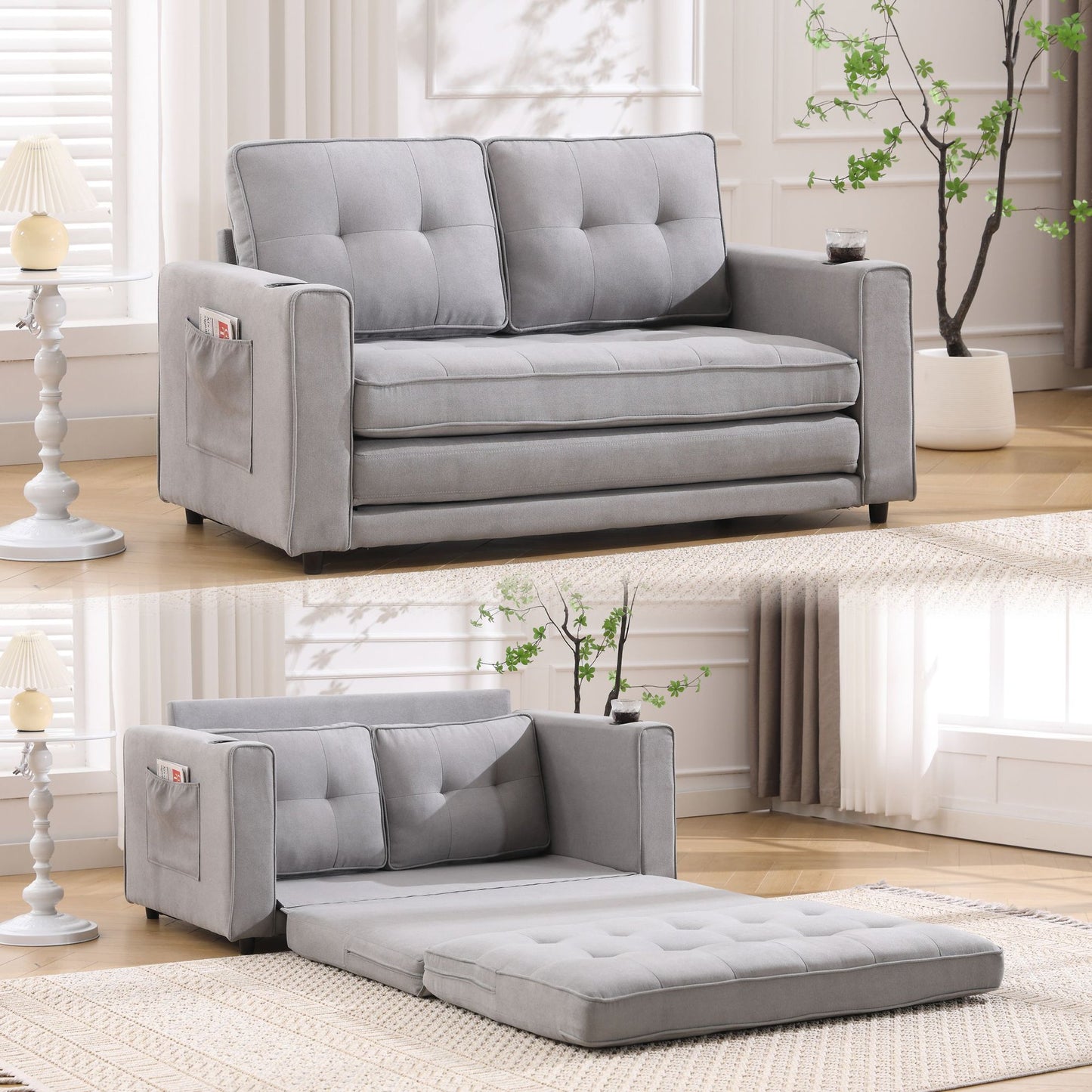 IMKHK Convertible Futon Sofa Bed, Pull Out Loveseat Sleeper Sofa with Side Pockets and Cup Holders, Comfy 3-in-1 Foldable Sofa Couch, Upholstered Floor Couch for Living Room Apartment, Dark Gray