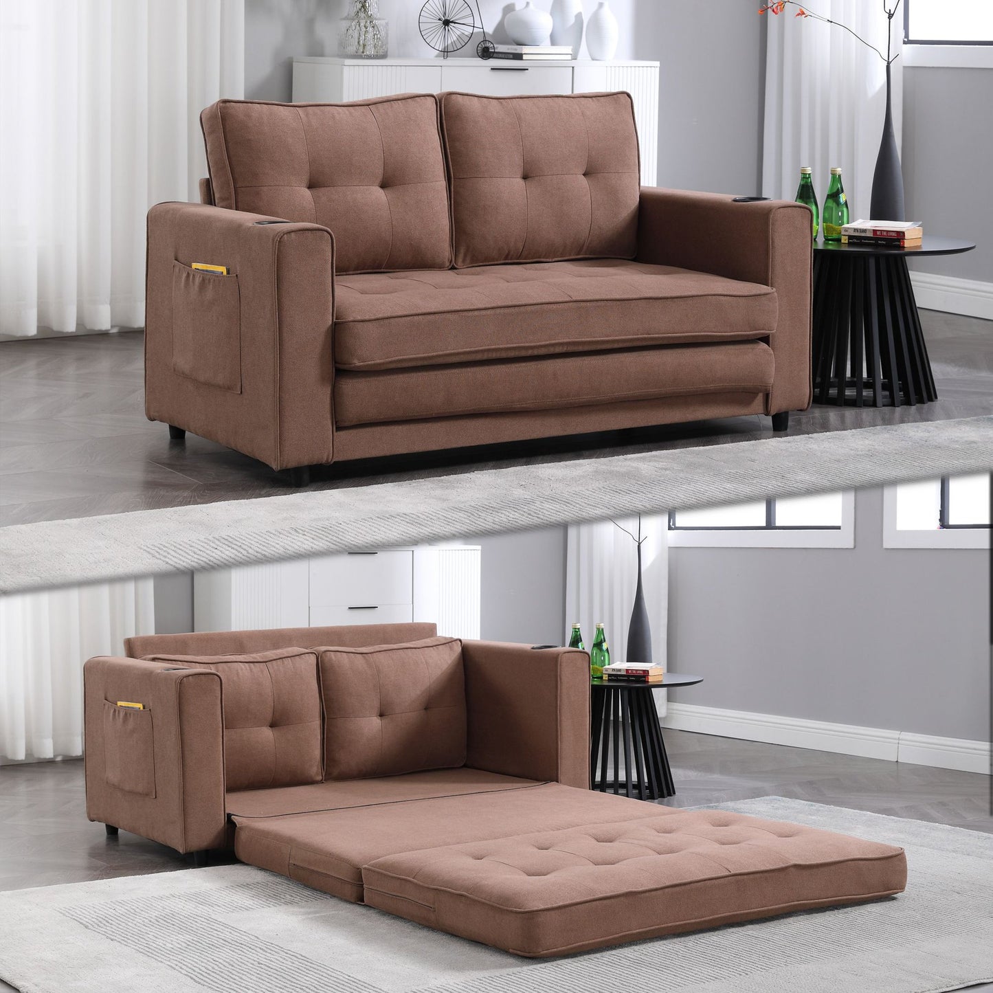 IMKHK Convertible Futon Sofa Bed, Pull Out Loveseat Sleeper Sofa with Side Pockets and Cup Holders, Comfy 3-in-1 Foldable Sofa Couch, Upholstered Floor Couch for Living Room Apartment, Dark Gray