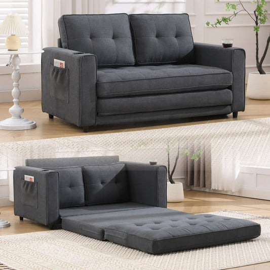 IMKHK Convertible Futon Sofa Bed, Pull Out Loveseat Sleeper Sofa with Side Pockets and Cup Holders, Comfy 3-in-1 Foldable Sofa Couch, Upholstered Floor Couch for Living Room Apartment, Dark Gray