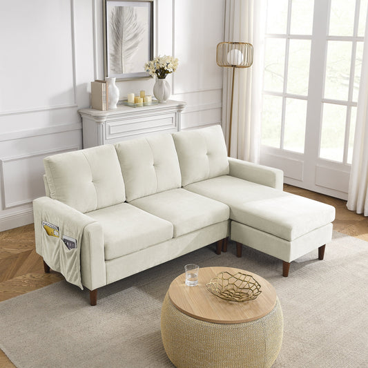 IMKHK Convertible Sectional Sofa Couch with Ottoman, Modern Chenille Fabric Modular Couch with Removable Cushions and Side Pockets, Reversible 3-Seat Sofa with Chaise for Living Room, Beige
