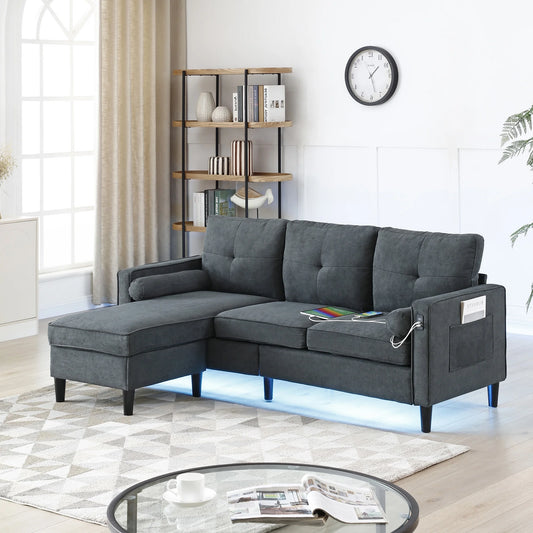 IMKHK Convertible Sectional Sofa Couch with Storage Ottoman, L-Shaped Modular Sofa with USB Ports and LED Light, Upholstered 3-Seat Couch with Side Pockets & Chaise for Living Room, Apartment, Beige