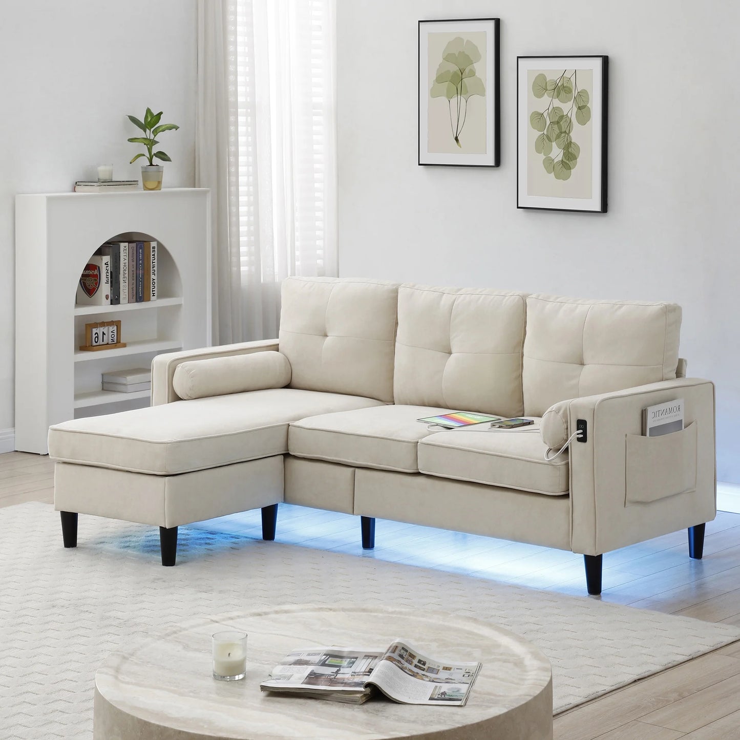 IMKHK Convertible Sectional Sofa Couch with Storage Ottoman, L-Shaped Modular Sofa with USB Ports and LED Light, Upholstered 3-Seat Couch with Side Pockets & Chaise for Living Room, Apartment, Beige