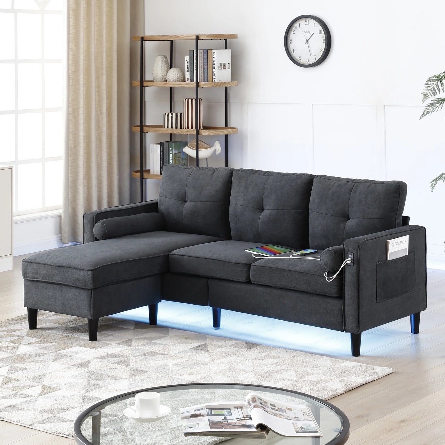 IMKHK Convertible Sectional Sofa Couch with Storage Ottoman, L-Shaped Modular Sofa with USB Ports and LED Light, Upholstered 3-Seat Couch with Side Pockets & Chaise for Living Room, Apartment, Beige