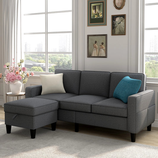 IMKHK Convertible Sectional Sofa with Storage Ottoman, Upholstered 3-Seat Sofa Couch with Side Pockets, L-Shaped Modular Sectional Couch with Chaise for Living Room, Apartment, Light Gray