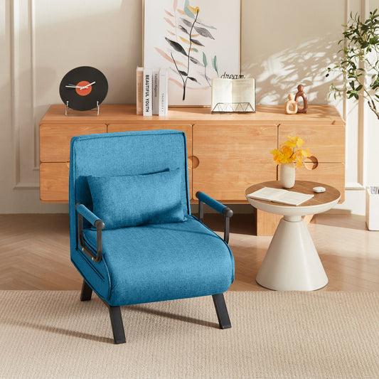 IMKHK Convertible Sleeper Chair, 5-in-1 Folding Sofa Bed with Pillow, Single Arm Chair Chaise Lounge Couch with Detachable Armrests, Foldable Upholstered Couch Futon for Bedroom Living Room, Blue