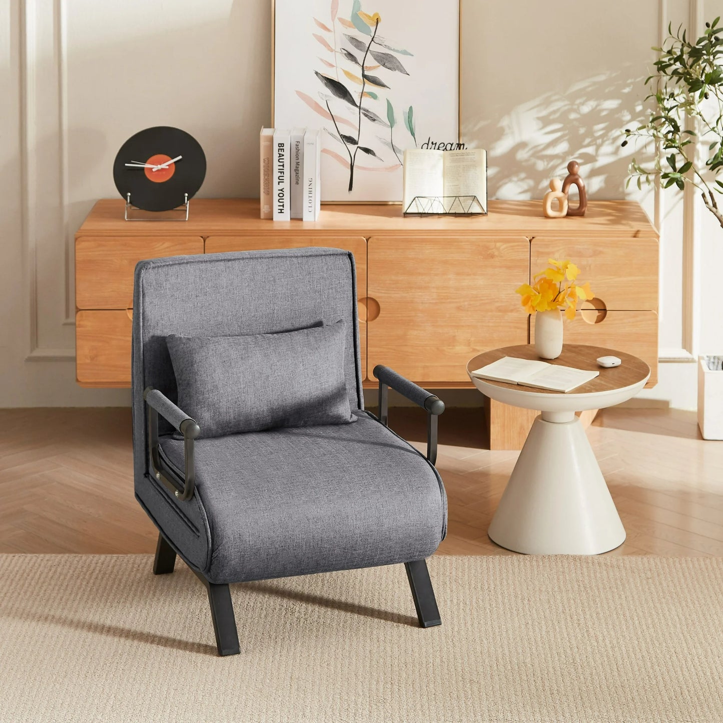 IMKHK Convertible Sleeper Chair, 5-in-1 Folding Sofa Bed with Pillow, Single Arm Chair Chaise Lounge Couch with Detachable Armrests, Foldable Upholstered Couch Futon for Bedroom Living Room, Blue