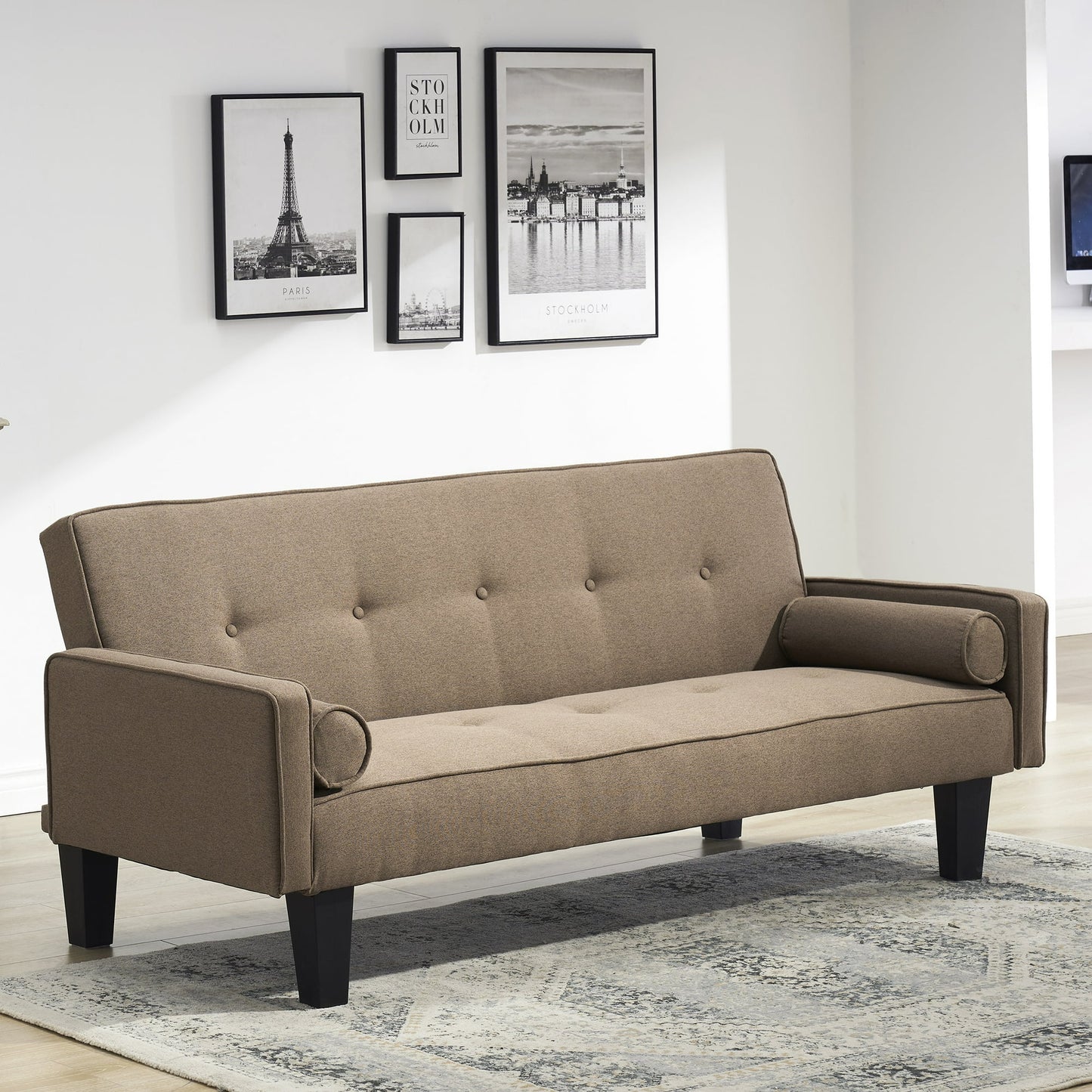 IMKHK Convertible Sofa Bed with 2 Pillows, Modern Linen Fabric Futon Couch with Removable Armrests and Adjustable Backrest, Multi-Functional Upholstered Sleeper Sofa Bed for Living Room, Gray
