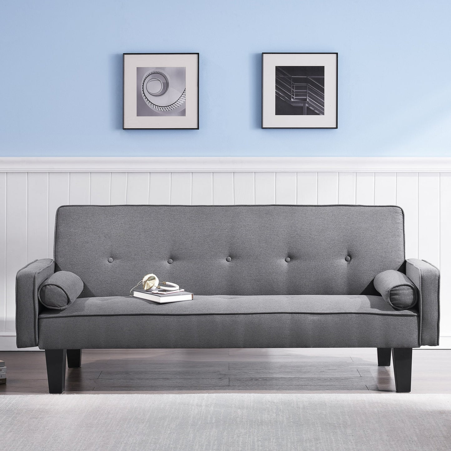 IMKHK Convertible Sofa Bed with 2 Pillows, Modern Linen Fabric Futon Couch with Removable Armrests and Adjustable Backrest, Multi-Functional Upholstered Sleeper Sofa Bed for Living Room, Gray