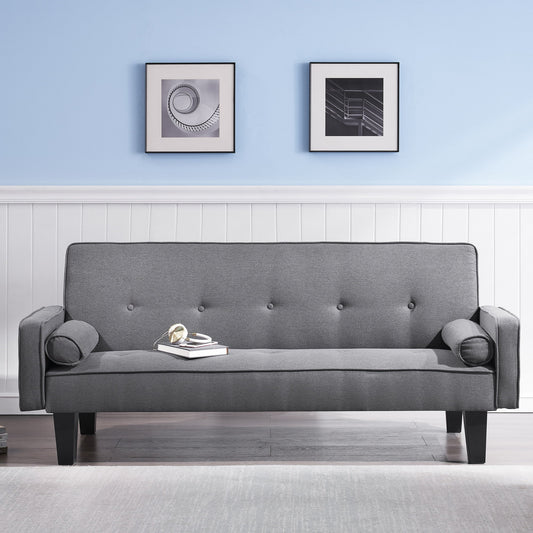 IMKHK Convertible Sofa Bed with 2 Pillows, Modern Linen Fabric Futon Couch with Removable Armrests and Adjustable Backrest, Multi-Functional Upholstered Sleeper Sofa Bed for Living Room, Gray
