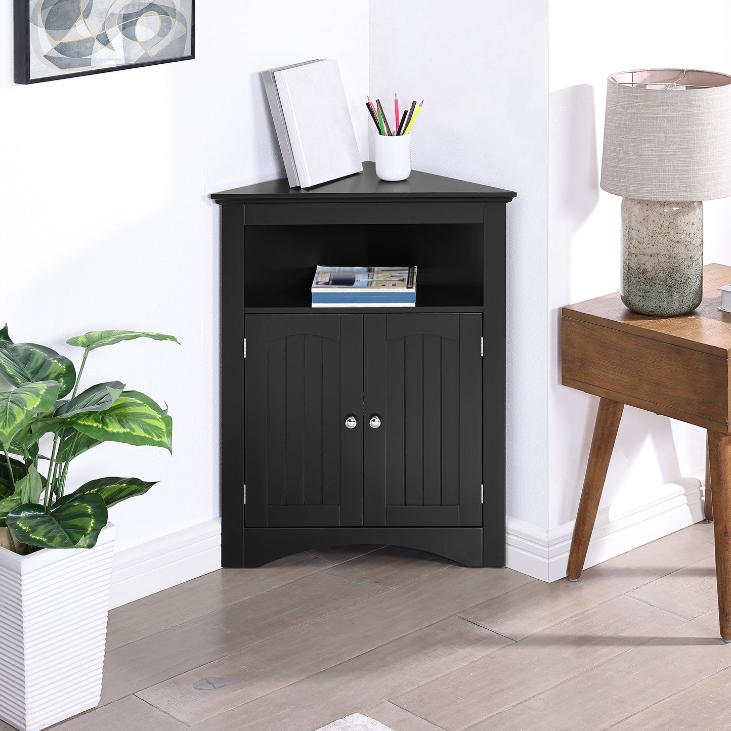 IMKHK Corner Cabinet with 2 Doors and Adjustable Shelves, Freestanding Triangle Bathroom Storage Cabinet, Multifunctional Wooden Sideboard Cabinet for Bathroom Bedroom Kitchen, White