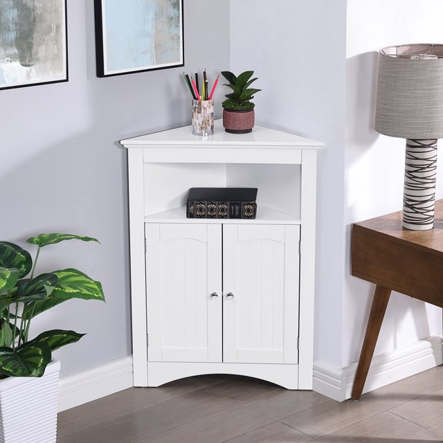 IMKHK Corner Cabinet with 2 Doors and Adjustable Shelves, Freestanding Triangle Bathroom Storage Cabinet, Multifunctional Wooden Sideboard Cabinet for Bathroom Bedroom Kitchen, White