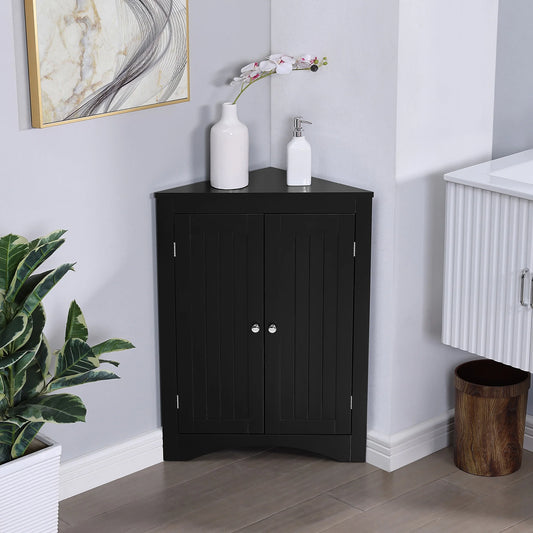 IMKHK Corner Storage Cabinet, Freestanding Wooden Floor Cabinet Cupboard with 2 Doors and Adjustable Shelves, Multifunctional Triangle Sideboard Cabinet for Bathroom Bedroom Kitchen, Black