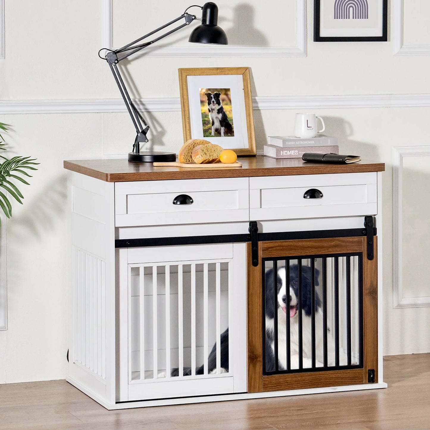 IMKHK Dog Crate with 2 Drawers, 44.5" Large Wooden Indoor Dog Cage Table, Furniture Style Dog Crate with Divider & Lockable Sliding Doors, Heavy Duty Farmhouse Dog Kennel for Medium Dogs, White