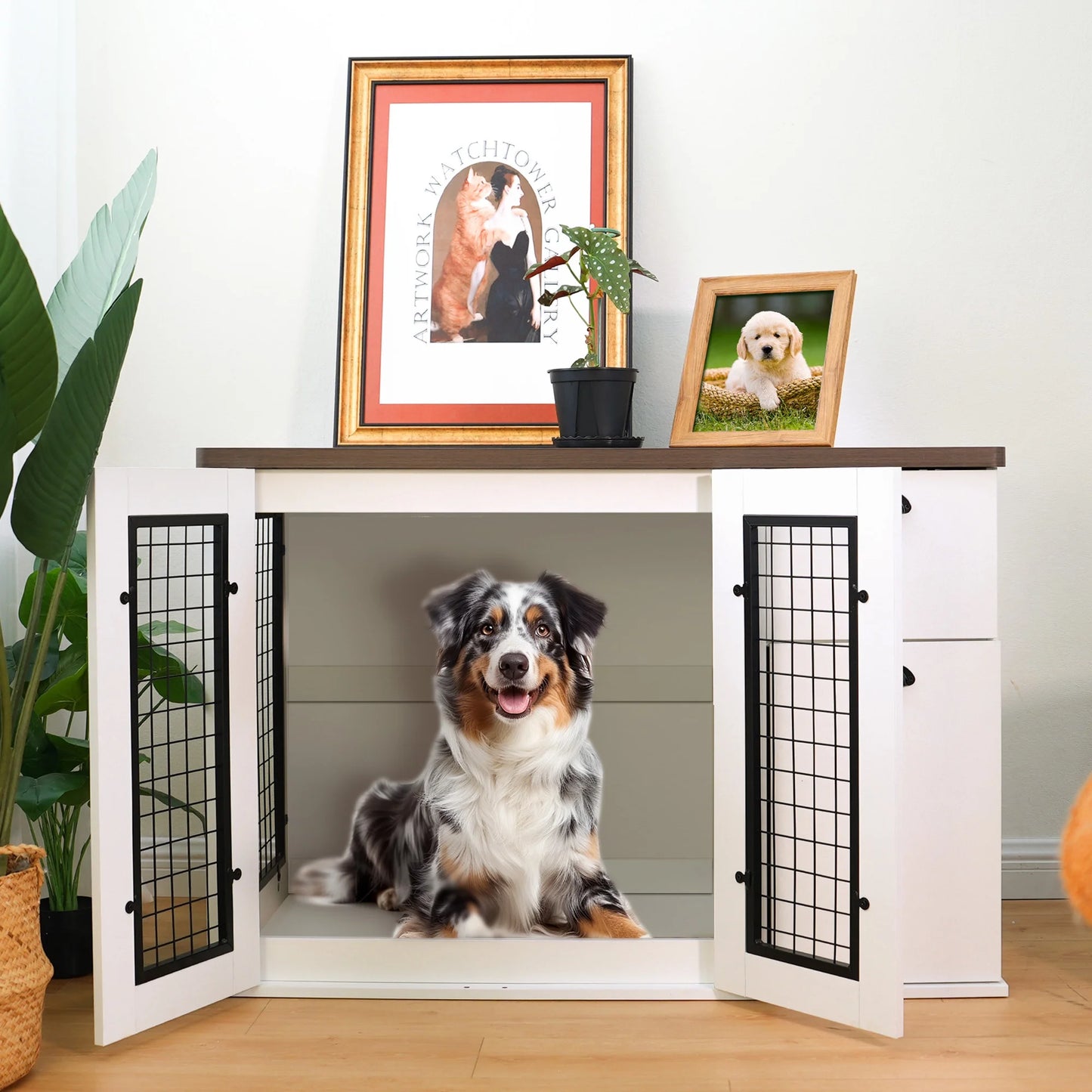 IMKHK Dog Crate Furniture with Drawer and Storage Cabinet, 43.7" Large Wooden Dog Cage Table with Double Lockable Doors, Modern Indoor Dog Kennel for Small Medium Dogs, White Walnut