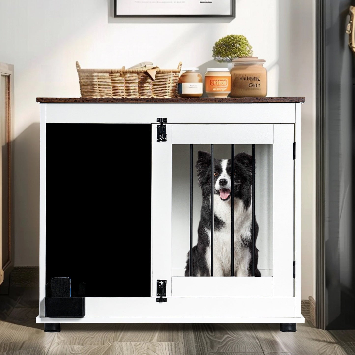 IMKHK Dog Crate Furniture with Graffiti Board and Eraser, 31.5" Large Wooden Dog Kennel Side Cabinet with Double Lockable Doors, Modern Indoor Dog Cage Table for Small Medium Dogs, White
