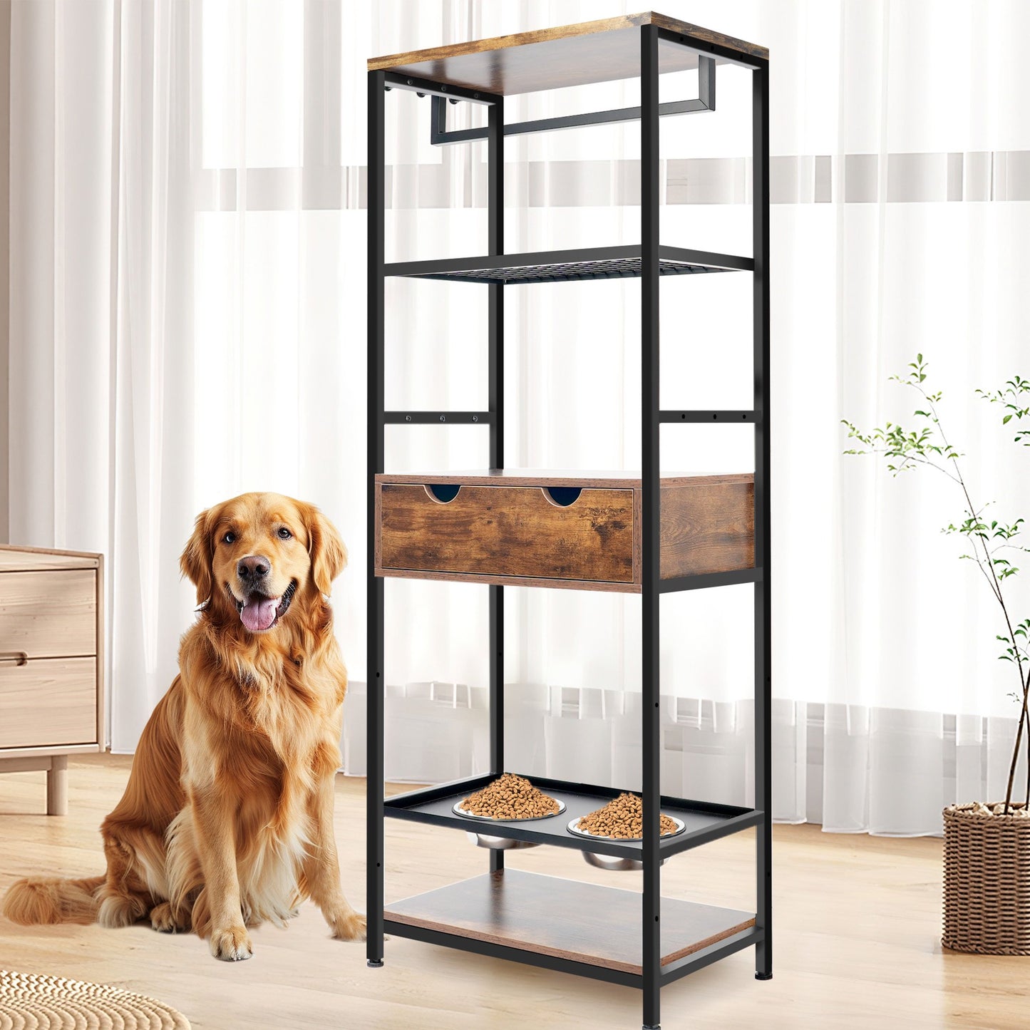 IMKHK Dog Feeding Station with Storage Drawer, Dog Storage with Adjustable Raised Dog Bowls, Shelves and Hooks, Multi-Functional Pet Feeding Station for Large Medium Dogs Cats, Brown Black