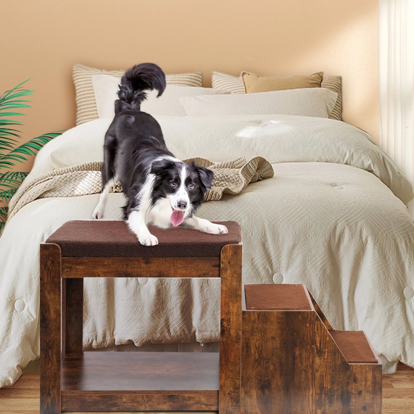 IMKHK Dog Stairs with Removable Step, Multi-Functional 3-Layer Non-Slip Pets Steps Ramps with Cushion and Cat Scratch Pad, Stable Wood Pet Bunk Bed for Small, Elderly Pets, Hold up to 90 lbs, Brown