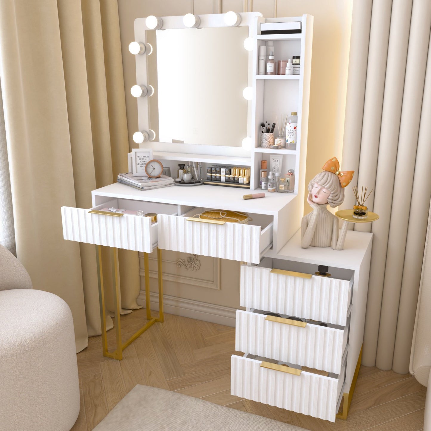 IMKHK Dressing Vanity Table with 3 Color Lighted Mirror, Modern Makeup Vanity Desk with 5 Drawers and Opening Shelves, Large Makeup Dressing Table with Side Cabinet for Girls Women, White