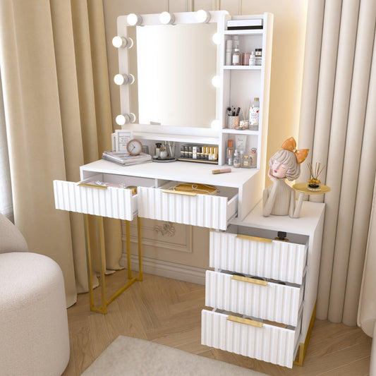 IMKHK Dressing Vanity Table with 3 Color Lighted Mirror, Modern Makeup Vanity Desk with 5 Drawers and Opening Shelves, Large Makeup Dressing Table with Side Cabinet for Girls Women, White