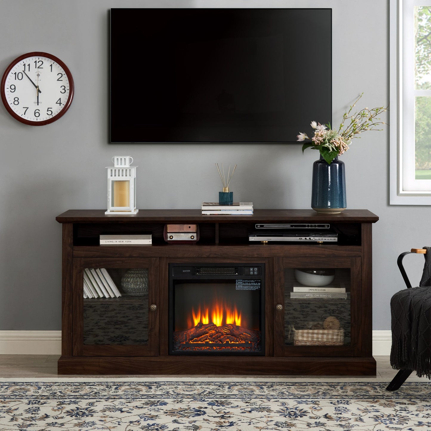 IMKHK Electric Fireplace TV Stand for 65 Inch TV, TV Console with Remote Control, Farmhouse Media Entertainment Center with 21" Fireplace and 2 Doors for Living Room or Bedroom, Brown