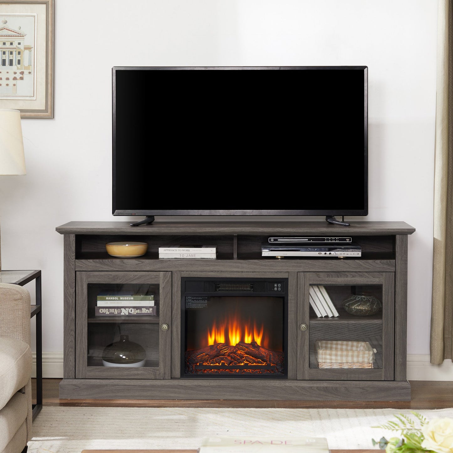 IMKHK Electric Fireplace TV Stand for 65 Inch TV, TV Console with Remote Control, Farmhouse Media Entertainment Center with 21" Fireplace and 2 Doors for Living Room or Bedroom, Brown
