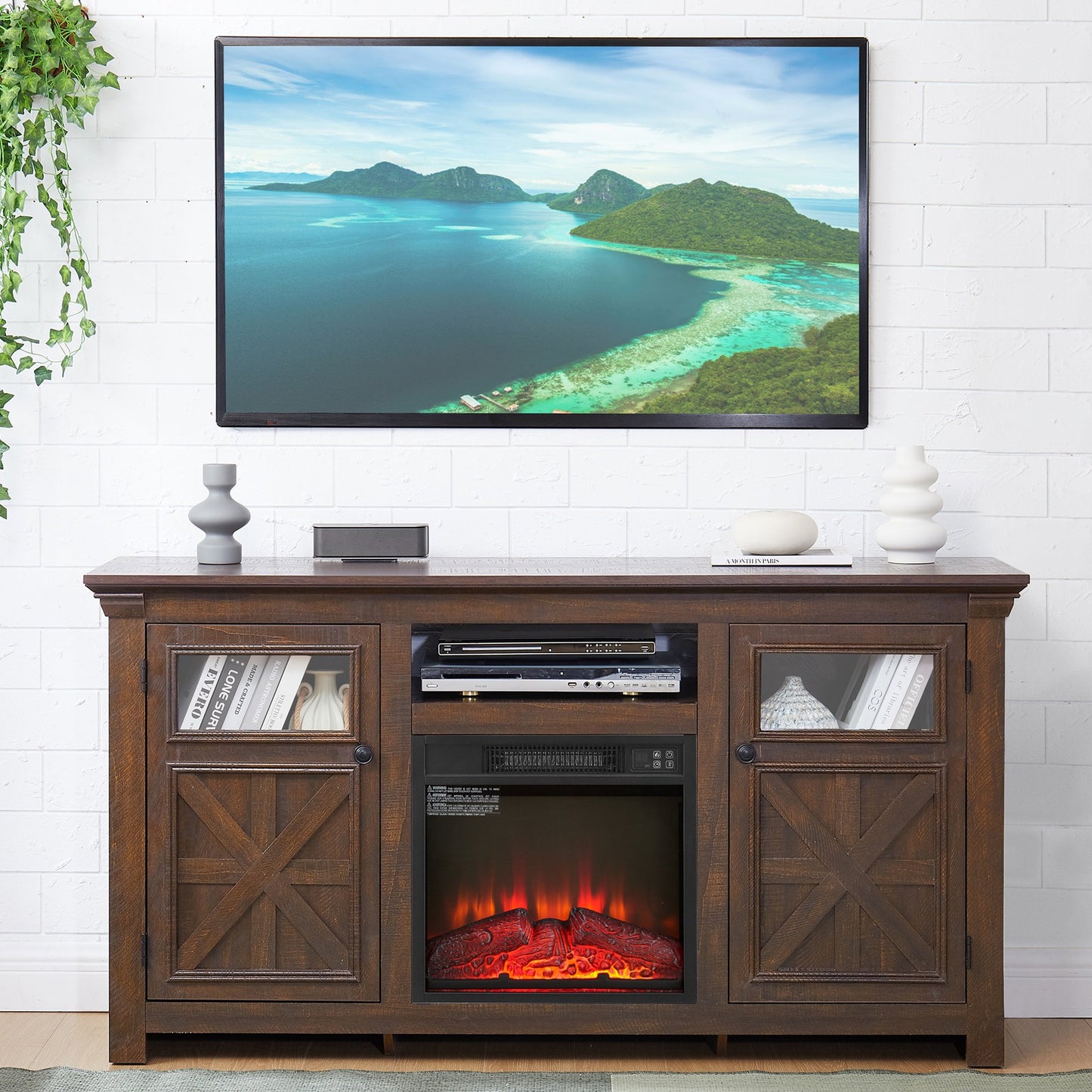 IMKHK Electric Fireplace TV Stand for 65 Inch TVs, Farmhouse TV Console Table with Open Storage Shelves and Cabinets, Media Entertainment Center with Fireplace for Living Room Bedroom, Gray