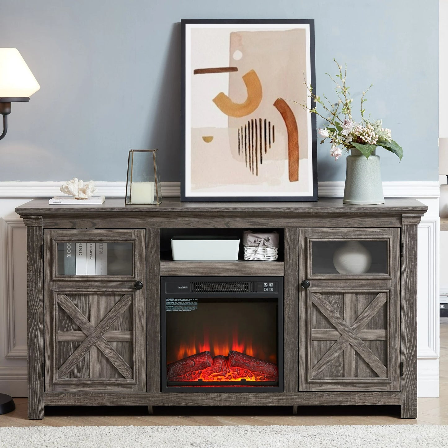 IMKHK Electric Fireplace TV Stand for 65 Inch TVs, Farmhouse TV Console Table with Open Storage Shelves and Cabinets, Media Entertainment Center with Fireplace for Living Room Bedroom, Gray