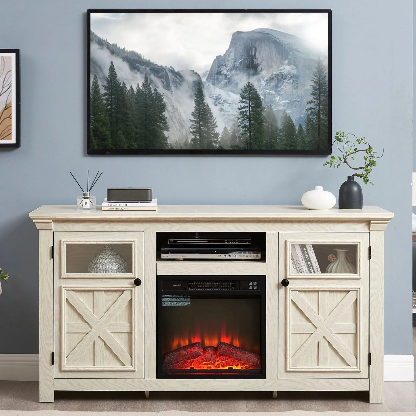 IMKHK Electric Fireplace TV Stand for 65 Inch TVs, Farmhouse TV Console Table with Open Storage Shelves and Cabinets, Media Entertainment Center with Fireplace for Living Room Bedroom, Gray