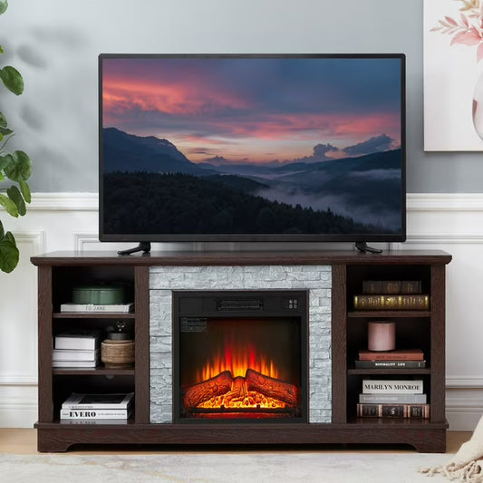 IMKHK Electric Fireplace TV Stand for 65" TVs, Media Entertainment Center with Faux Stacked Stone Surrounded for Living Room, Wood TV Console Table with Open Shelves, Remote Control Fireplace, Cherry