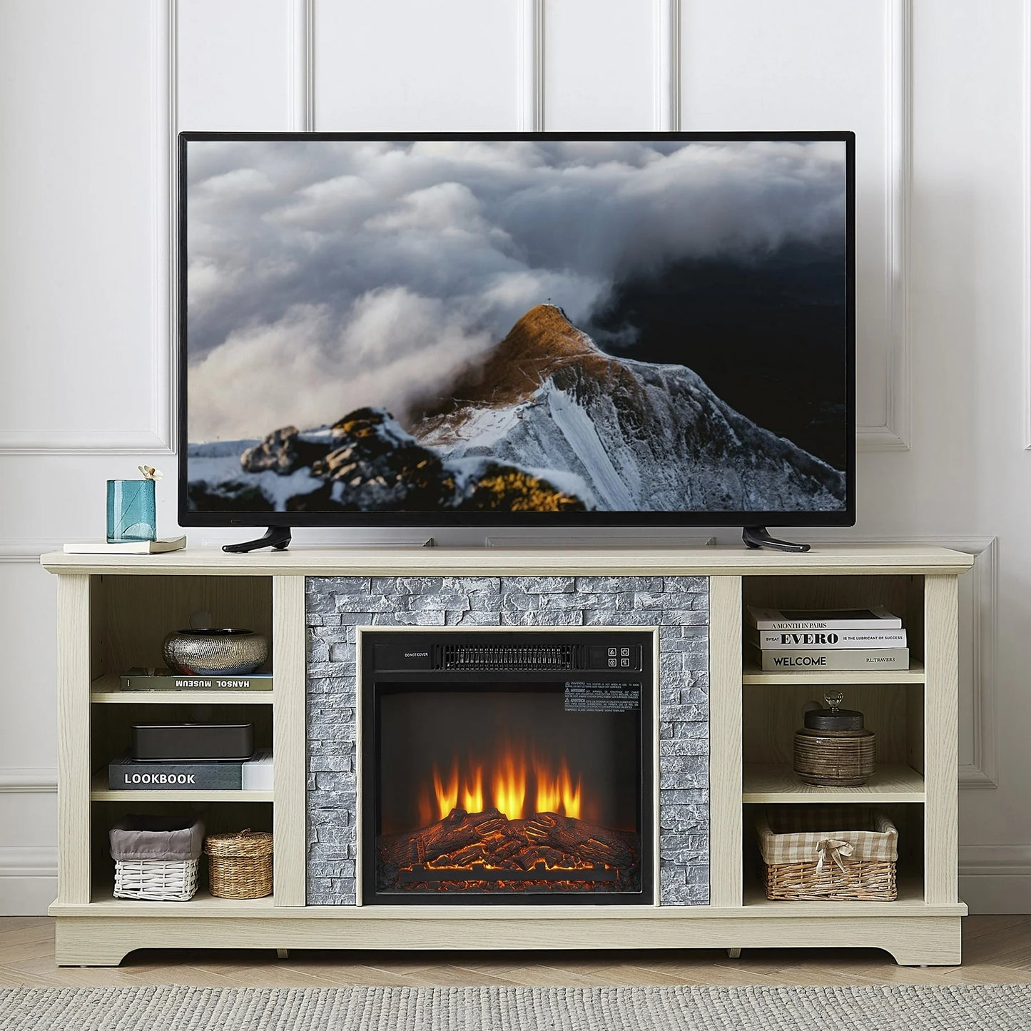 IMKHK Electric Fireplace TV Stand for 65" TVs, Farmhouse Entertainment Center with Faux Stacked Stone Surrounded for Living Room, Wood TV Console with Open Shelves, Remote Control Fireplace, Cherry