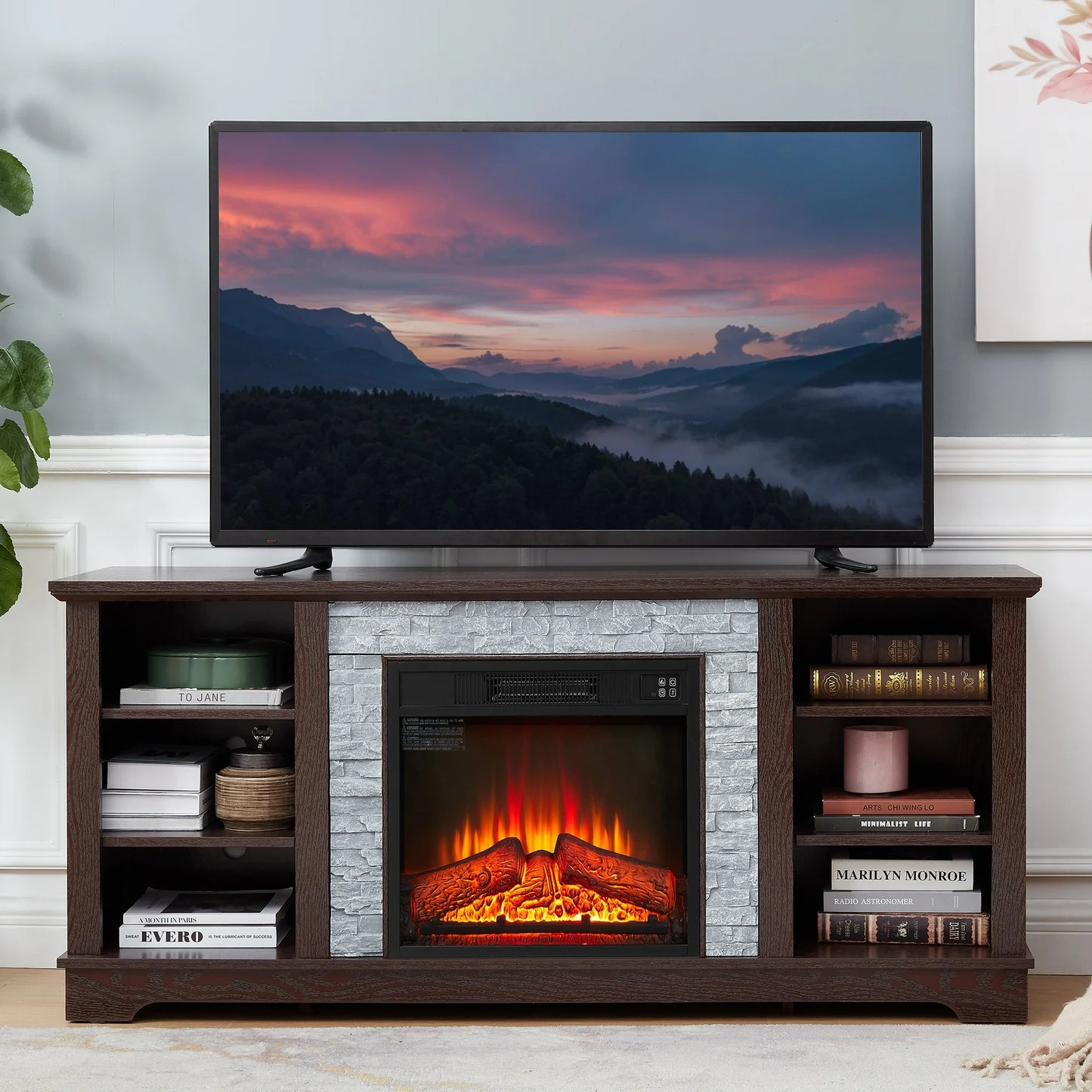 IMKHK Electric Fireplace TV Stand for 70" TVs, Farmhouse Entertainment Center with Faux Stacked Stone Surrounded for Living Room, Wood TV Console with Open Shelves, Remote Control Fireplace, White