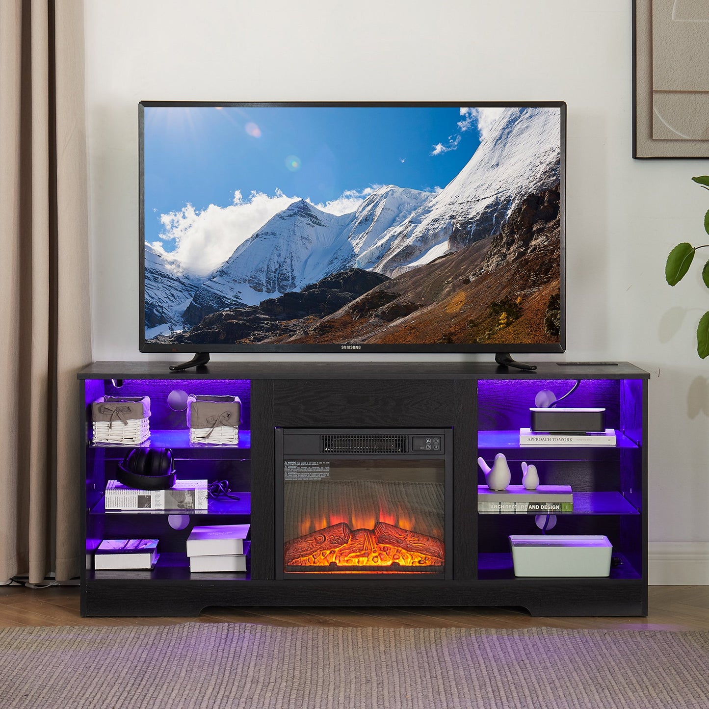 IMKHK Electric Fireplace TV Stand with LED Lights for 60 Inch TVs, Media Entertainment Center with Charging Station and Open Storage Shelves, TV Console Cabinet for Living Room Apartment, Black