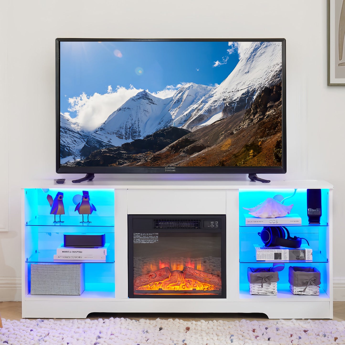 IMKHK Electric Fireplace TV Stand with LED Lights for 60 Inch TVs, Media Entertainment Center with Charging Station and Open Storage Shelves, TV Console Cabinet for Living Room Apartment, Black