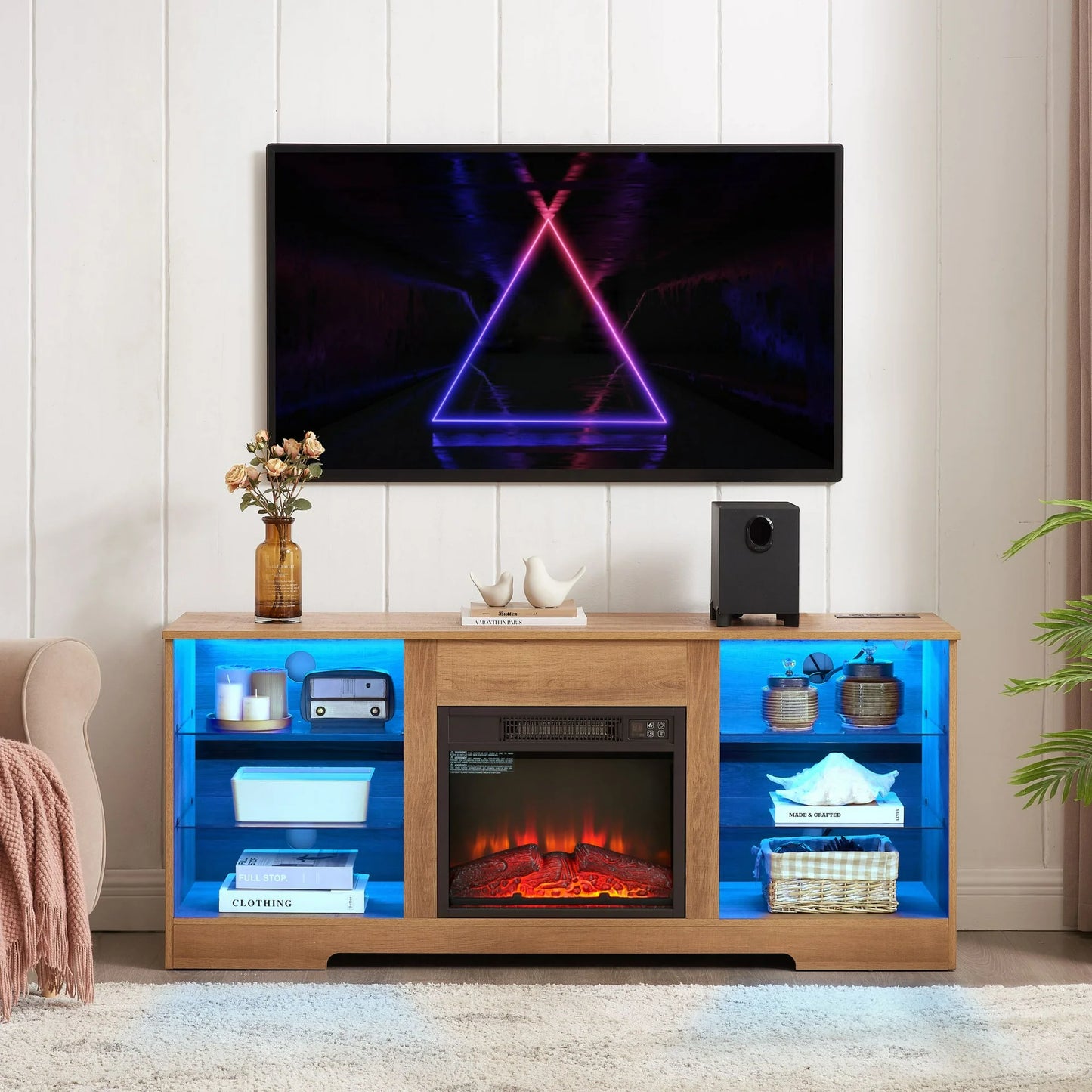 IMKHK Electric Fireplace TV Stand with LED Lights for 60" TV, Farmhouse Media Entertainment Center with Charging Station and Open Storage Shelves, Wooden TV Console Table for Living Room, Brown