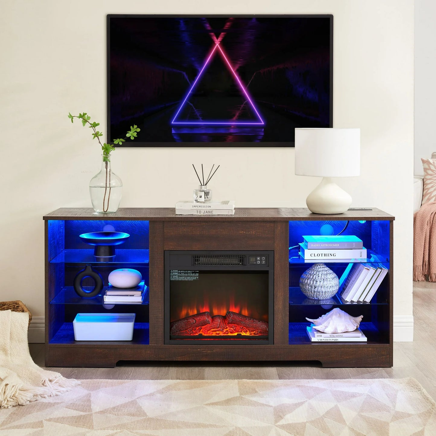 IMKHK Electric Fireplace TV Stand with LED Lights for 60" TV, Farmhouse Media Entertainment Center with Charging Station and Open Storage Shelves, Wooden TV Console Table for Living Room, Brown