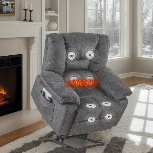 IMKHK Electric Power Lift Recliner Chair with Heat Therapy and Massage Function for Elderly, Comfy Fabric Single Sofa Chair with Side Pockets for Living Room Bedroom Theater, Remote Control, Gray