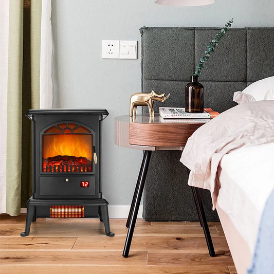IMKHK Electric Stove Heaters with Control Panel and Remote, Indoor Freestanding Fireplace Heater for Bedroom, 1500W/1000W, with 3D Flame Effect, Overheat Protection, Timer and ETL Certified, Black