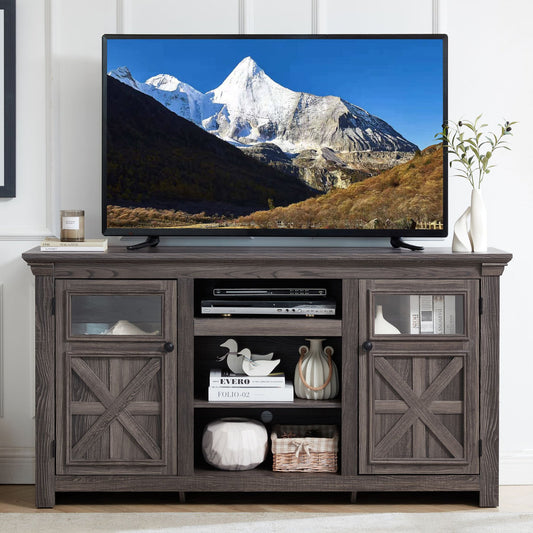 IMKHK Farmhouse TV Stand with Adjustable Shelves and 2 Storage Cabinets for 65 inch TV, Modern Entertainment Center for Living Room Apartment, TV Media Console Table with Double Rustic Doors, Brown