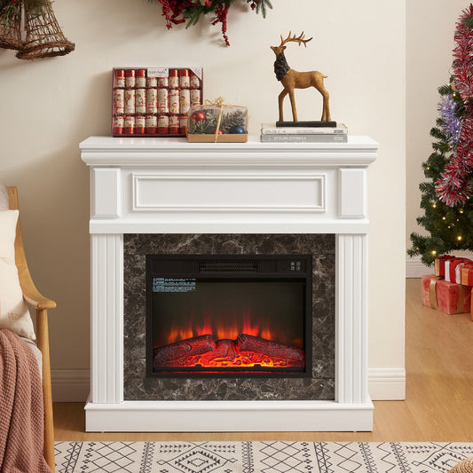 IMKHK Fireplace with Mantel, 42" Freestanding Electric Fireplace Heater with Stacked Stone Surround, TV Stand with Fireplace, Adjustable LED Flame Level for Living Room Bedroom, Remote Control, Brown