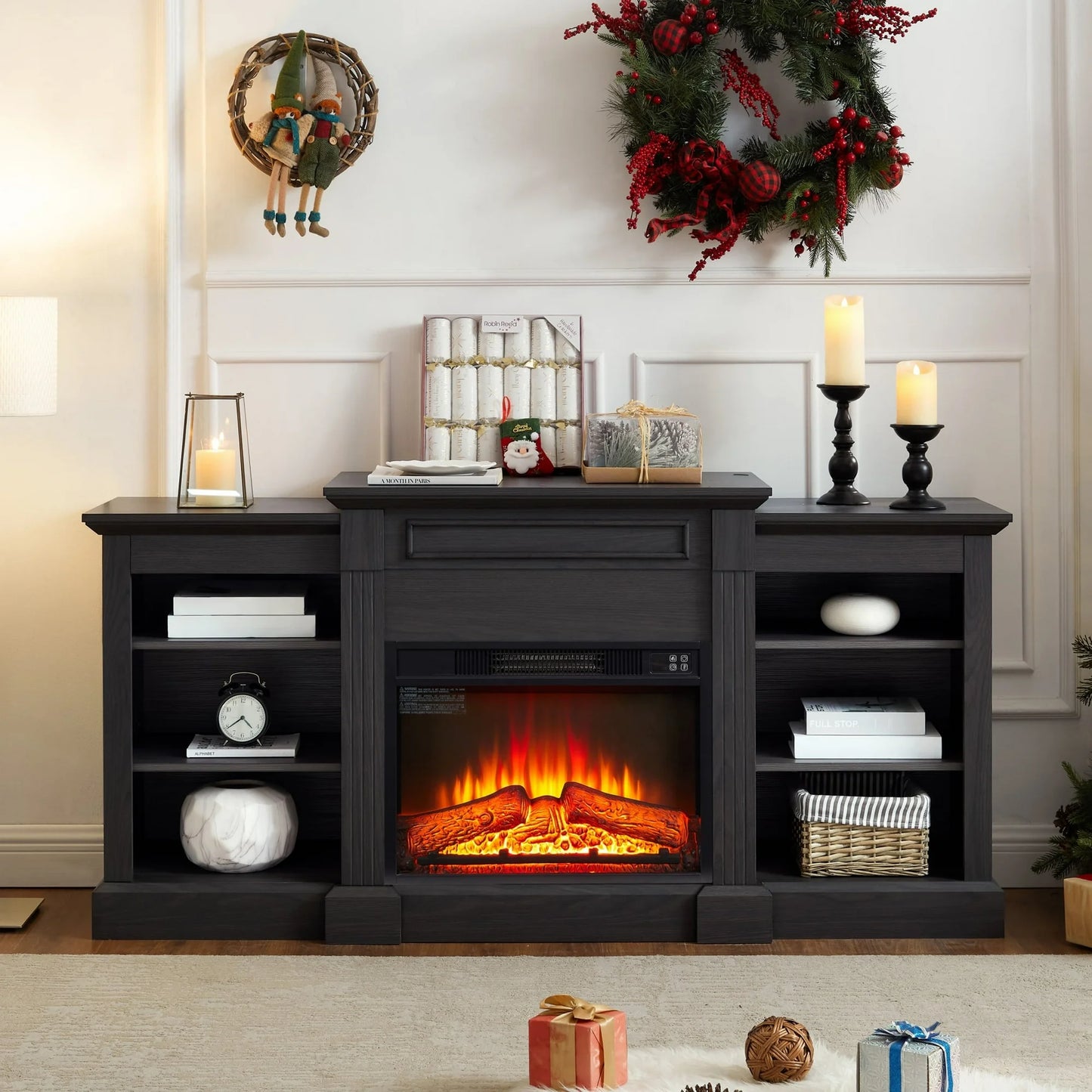IMKHK Fireplace TV Stand with Open Storage Shelves for 65" TVs, Farmhouse Media Entertainment Center with 23" Electric Fireplace, Wood TV Console Table with Remote Control for Living Room, Gray