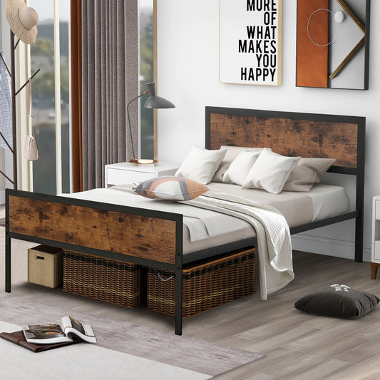 IMKHK Full Bed Frame with Underbed Storage, Metal Platform Bed Frame with Wood Headboard and Footboard, Modern Full Size Bed Frame with More Stable Support Leg, No Box Spring Needed, Black