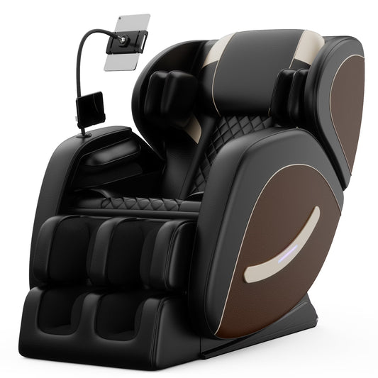 IMKHK Full Body Massage Chair, Zero Gravity Shiatsu Recliner with Air Pressure, Heating, Leg Auto Extension, Air Bags, Foot Rollers, Bluetooth, LED Lights and Portable Stand for Living Room, Brown