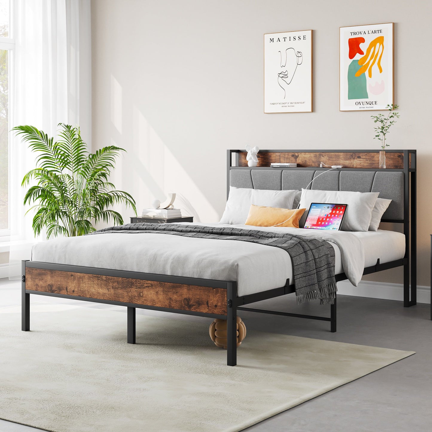 IMKHK Queen Size Bed Frame, Metal Platform Bed Queen with Charging Station and Storage Upholstered Headboard for Adults Teens Kids, Large Under Bed Space, Easy Assembly, No Box Spring Needed, Brown