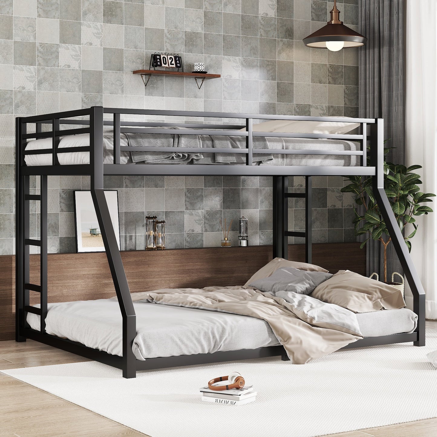 IMKHK Twin XL over Queen Bunk Bed with 2 Ladders, Modern Metal Bunk Bed Frame with Full-Length Guardrail for Living Room, Heavy Duty Floor Bunk Bed for Teens Adults, No Box Spring Needed, Black