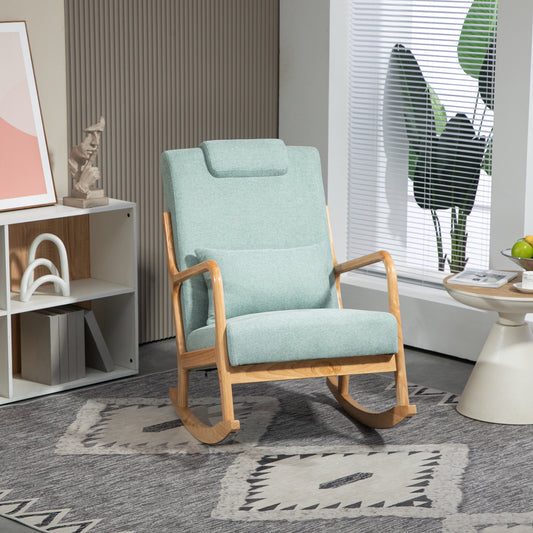 IMKHK Glider Rocker Chair with High Backrest and Lumbar Pillow, Mid-Century Rocking Nursery Chair, Linen Fabric Upholstered Accent Chair with Strong Solid Wood Frame for Living Room Bedroom, Beige